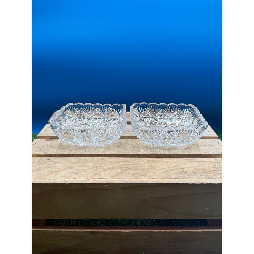 Vintage Square Clear Pressed Glass Bowls Pinwheel & Diamond Cut Pattern-Set of 2